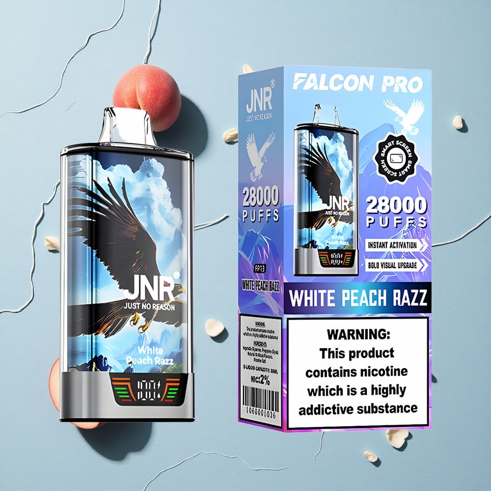 JNR Falcon Pro 28000 فان سيجارة إلكترونية للاستخدام مرة واحدة خوخ أبيض وتوت مع شاشة ذكية وشاحن USB Type-C