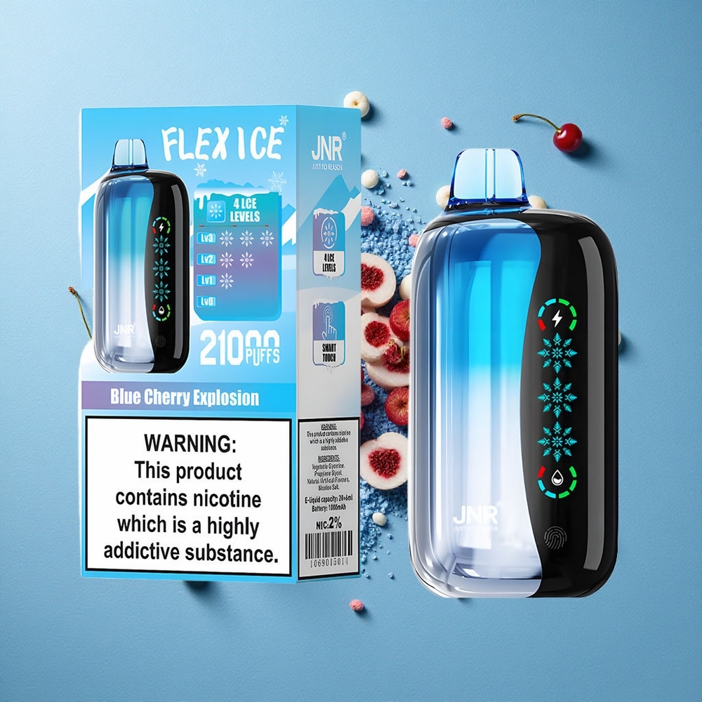 JNR Flex Ice 21000 نفخة سيجارة إلكترونية قابلة للتصريف انفجار الكرز الأزرق مع شاشة لمس وشحن Type-C