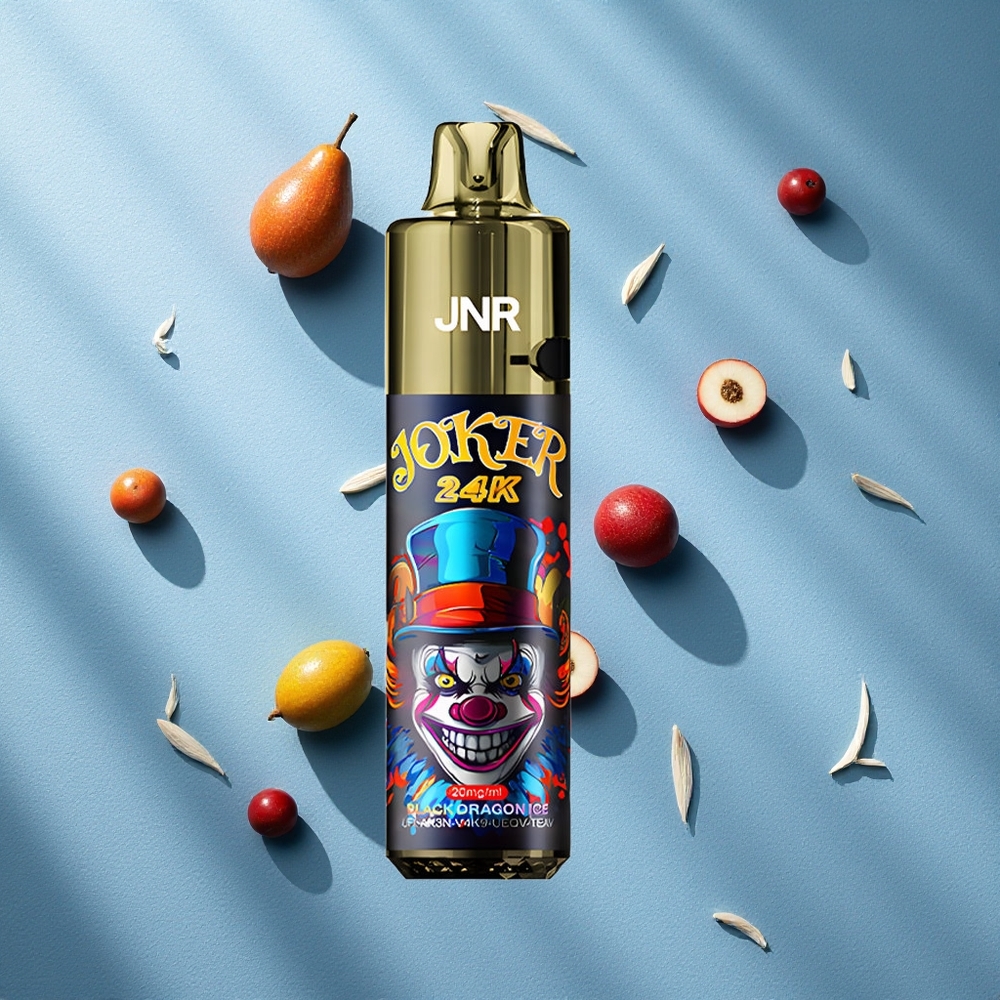 JNR Joker 24K Puffs سيجارة إلكترونية قابلة لإعادة التعبئة تصميم تعبئة جانبي تنين أسود جليد